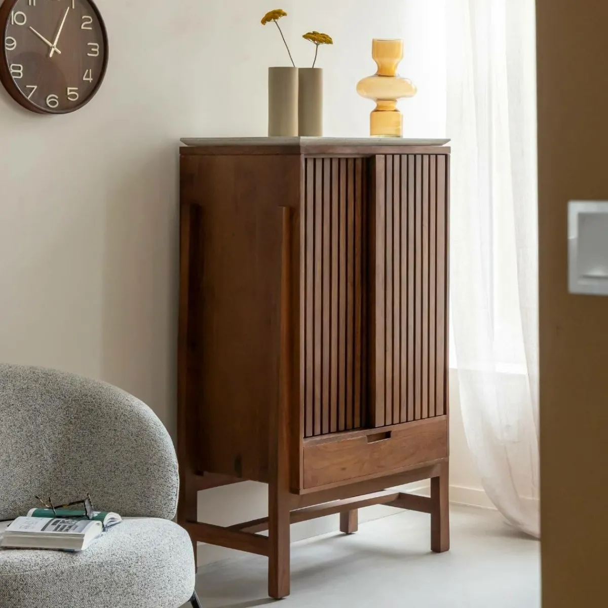 Made in Meubles Armoire en bois d'acacia et terrazzo Kaelis