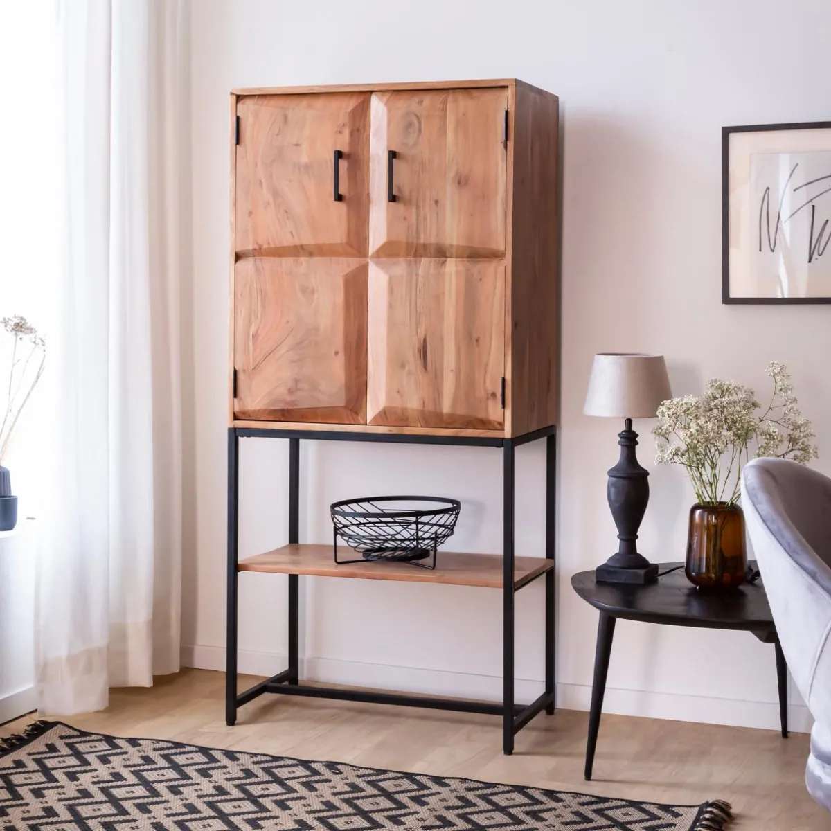 Made in Meubles Armoire en bois d'acacia et métal Ava