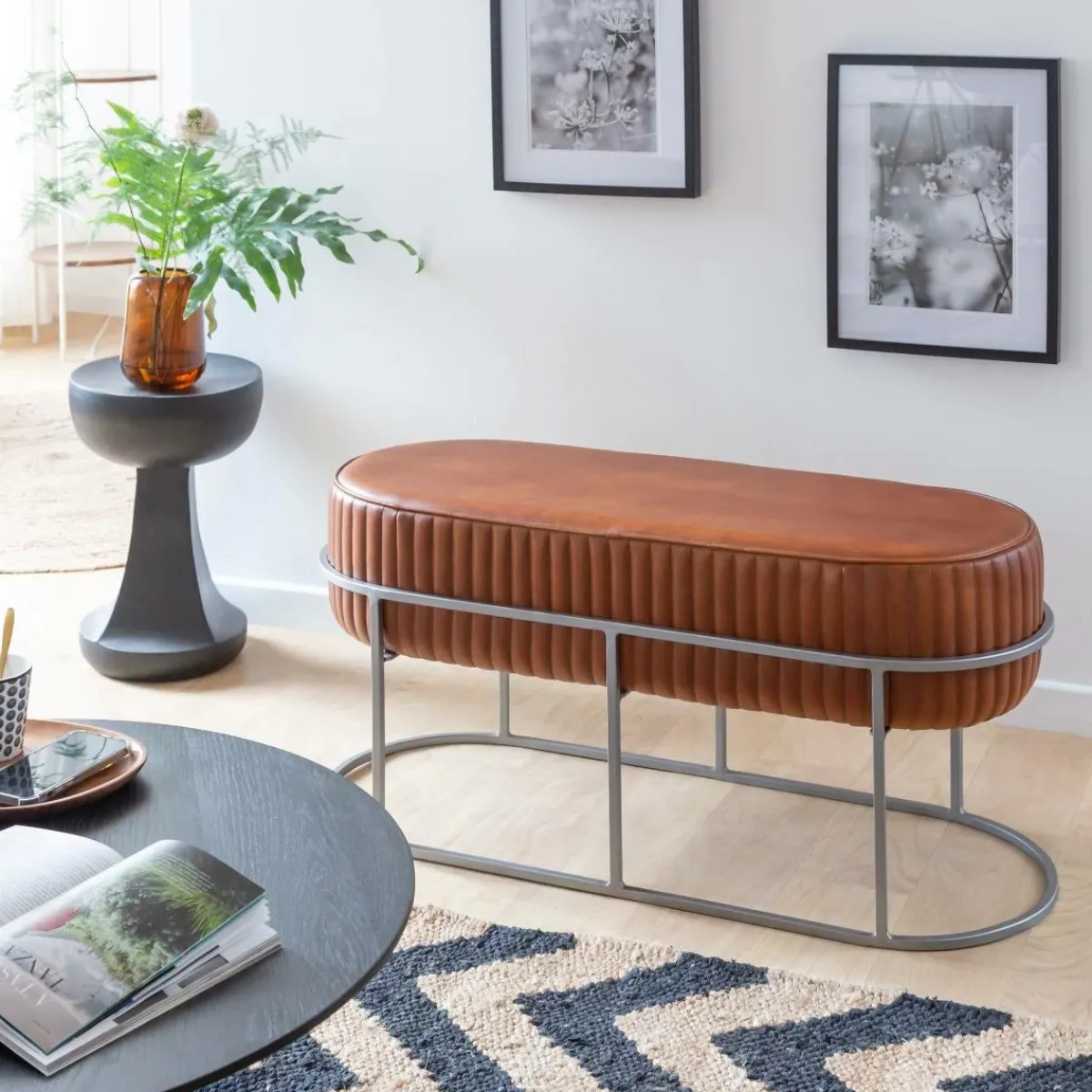 Made in Meubles Banc arrondi en cuir marron Gaby