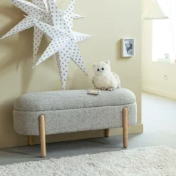 Made in Meubles Banc en bois de pin et tissu bouclette gris clair Nério