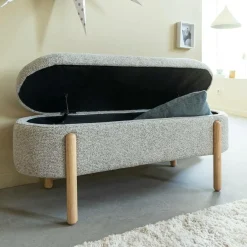 Made in Meubles Banc en bois de pin et tissu bouclette gris clair Nério