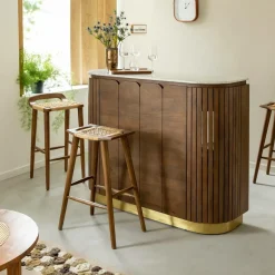 Made in Meubles Bar en bois de manguier et marbre blanc Sienne