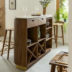 Made in Meubles Bar en bois de manguier et marbre blanc Sienne
