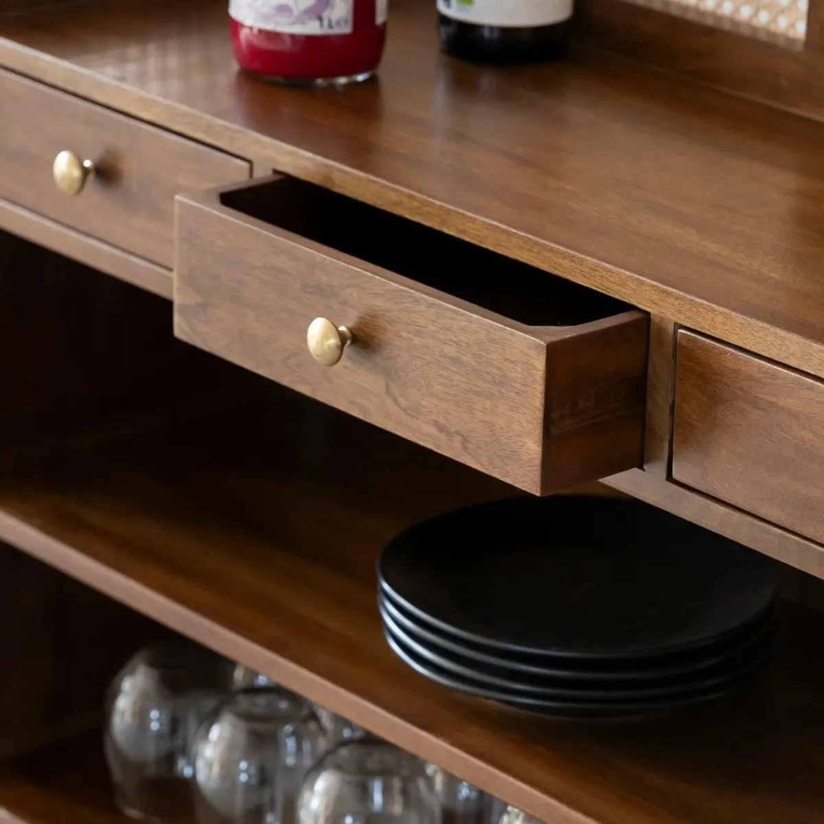 Made in Meubles Bar en bois de manguier et cannage Remick