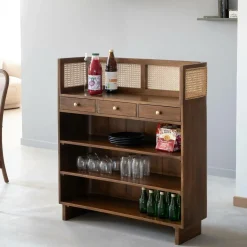 Made in Meubles Bar en bois de manguier et cannage Remick