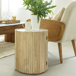 Made in Meubles Bout de canapé en bois de manguier et marbre Moana
