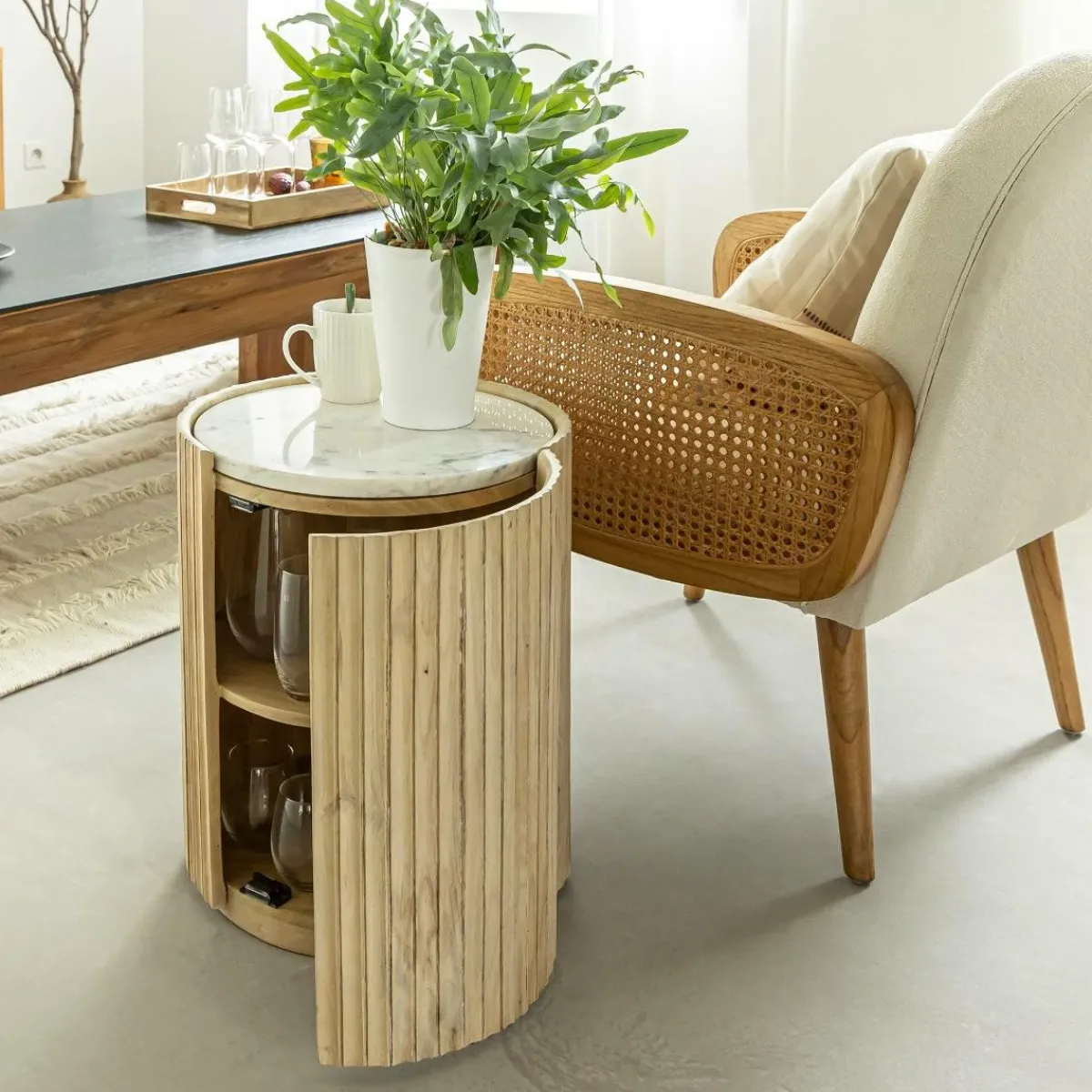 Made in Meubles Bout de canapé en bois de manguier et marbre Moana