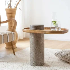 Made in Meubles Bout de canapé en bois de manguier et marbre Andréa