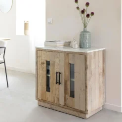 Made in Meubles Buffet 2 portes en bois recyclé et marbre Damian