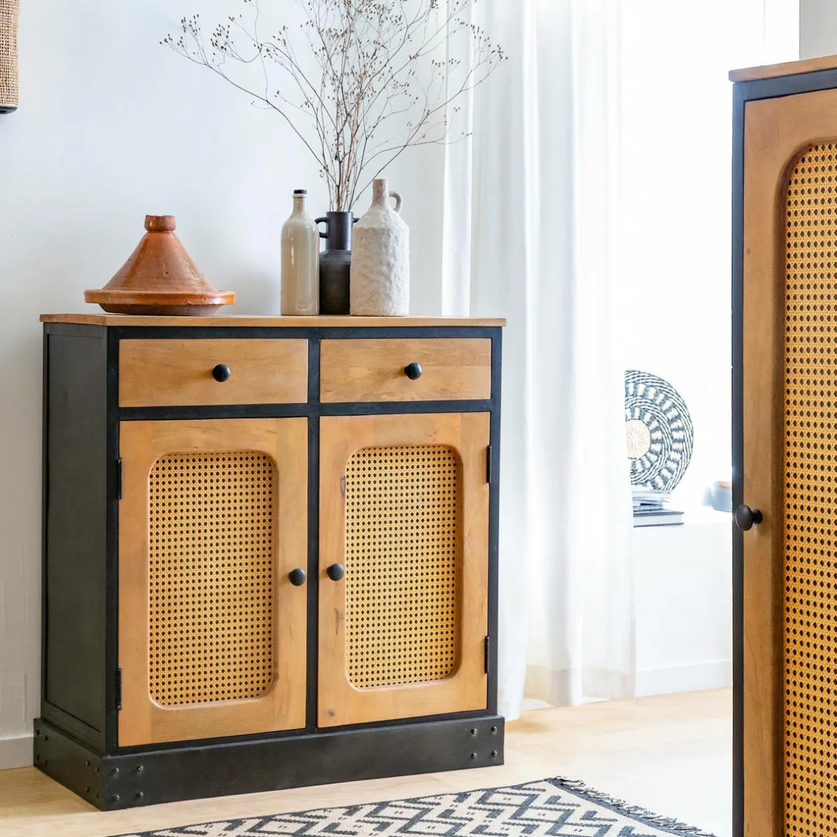 Made in Meubles Buffet en bois de manguier et cannage Ezra