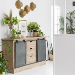 Made in Meubles Buffet en bois de manguier brossé et métal gris foncé Helsinki