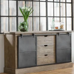 Made in Meubles Buffet en bois de manguier brossé et métal gris foncé Helsinki