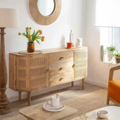 Made in Meubles Buffet en bois de manguier et cannage Palma