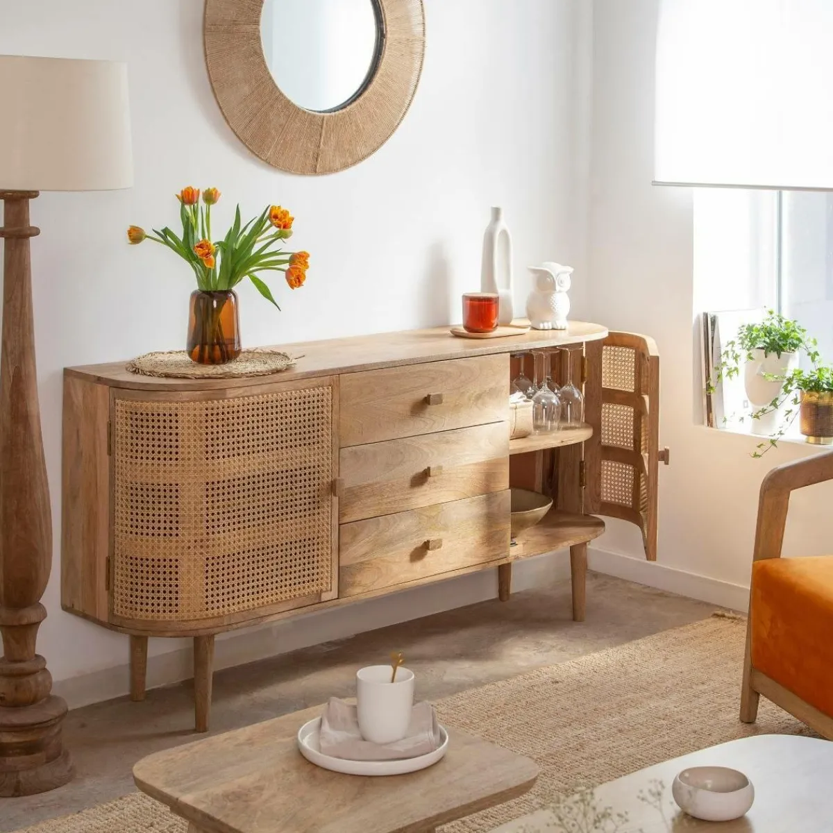 Made in Meubles Buffet en bois de manguier et cannage Palma