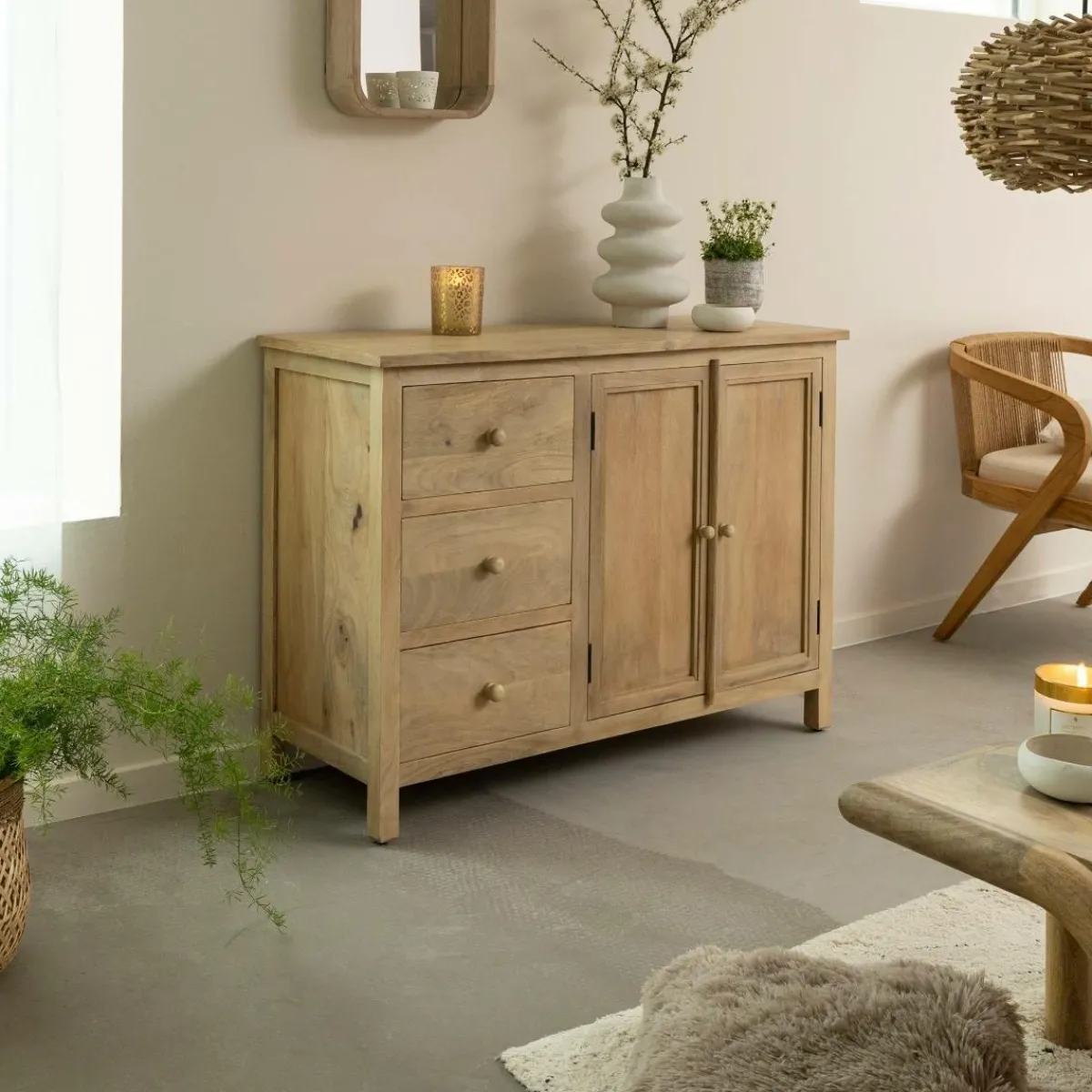 Made in Meubles Buffet en bois de manguier blanchi Ronan