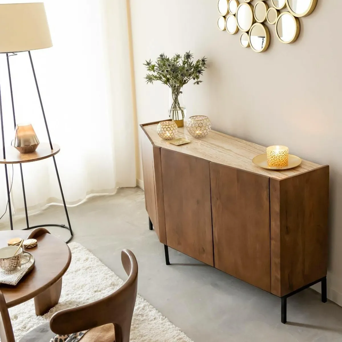 Made in Meubles Buffet en bois de manguier et travertin Azure