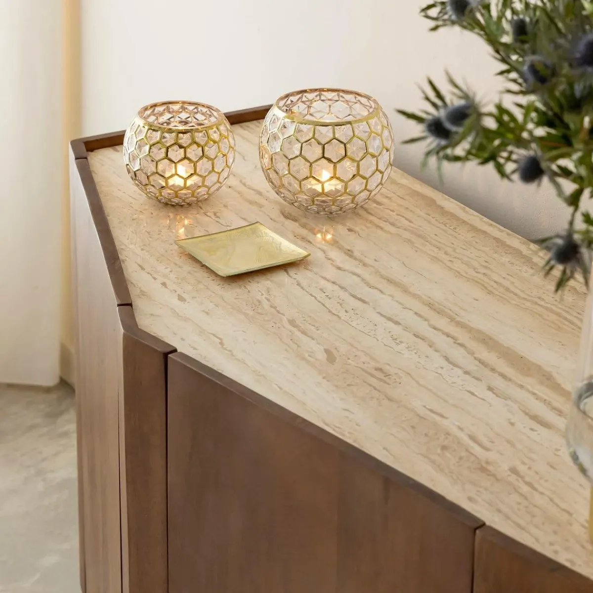 Made in Meubles Buffet en bois de manguier et travertin Azure