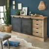 Made in Meubles Buffet en bois de manguier brossé et métal gris foncé 4 tiroirs Helsinki