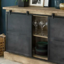 Made in Meubles Buffet en bois de manguier brossé et métal gris foncé 4 tiroirs Helsinki