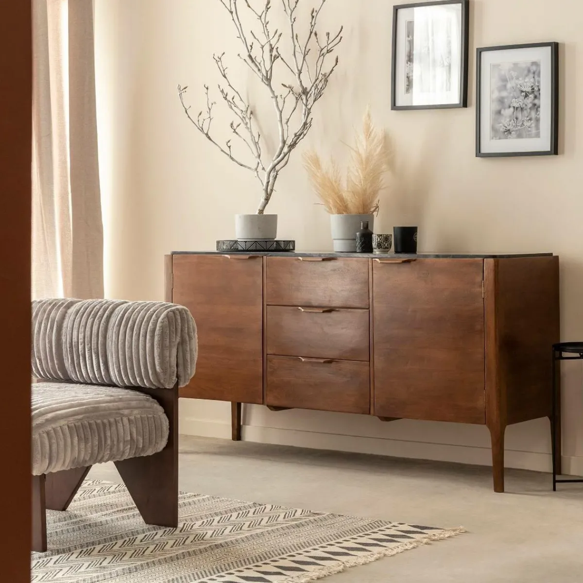 Made in Meubles Buffet en marbre noir et bois de manguier Roch
