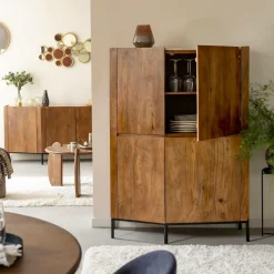 Made in Meubles Buffet haut en bois de manguier clair et travertin Josh