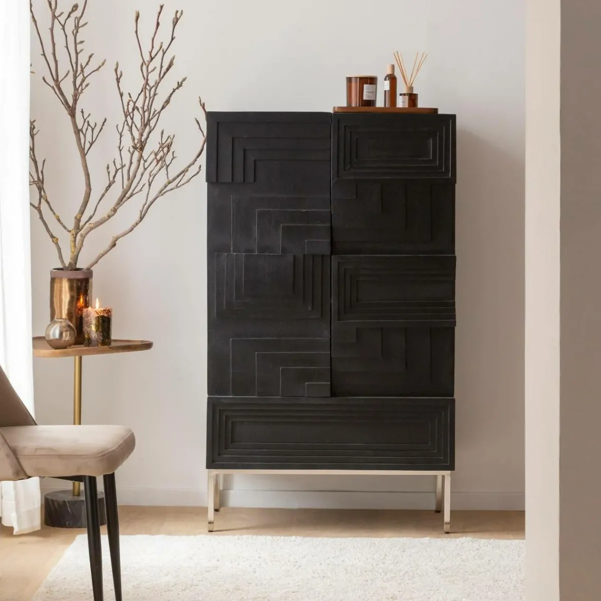 Made in Meubles Buffet haut en bois de manguier noir Tristan