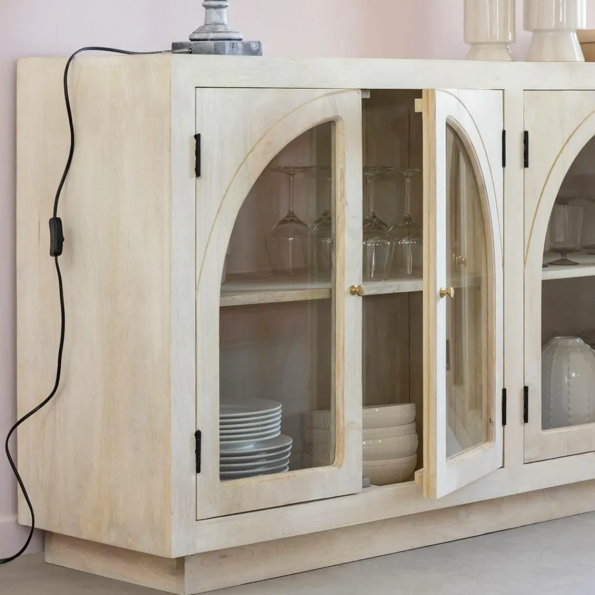 Made in Meubles Buffet vitré en bois de manguier blanchi Miliam