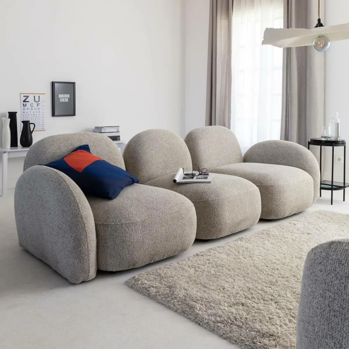 Made in Meubles Canapé 3 modules en tissu bouclette gris Calya