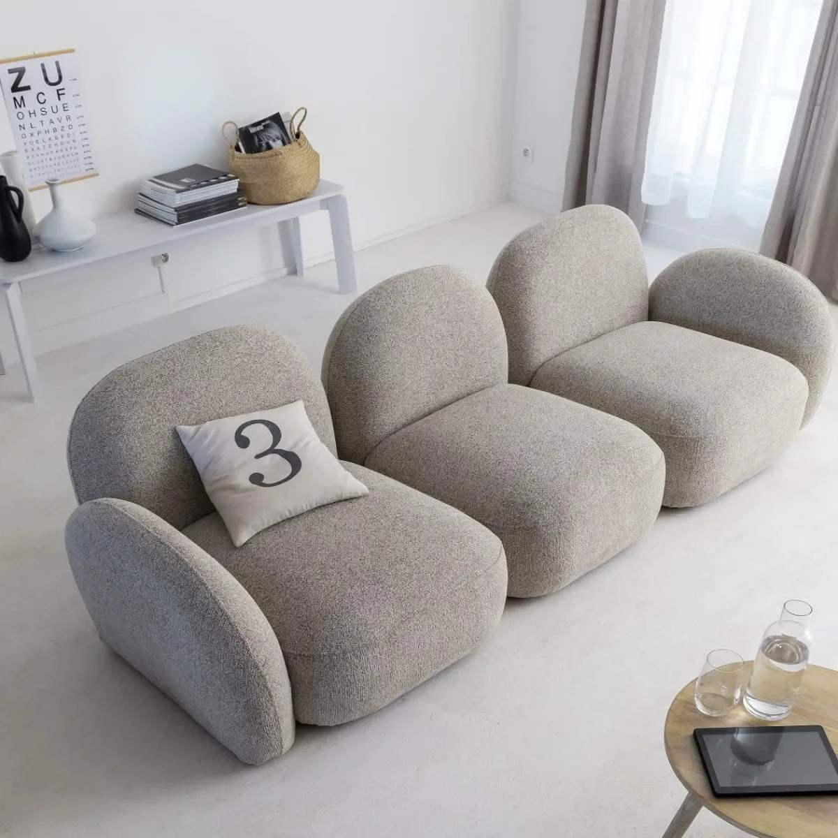 Made in Meubles Canapé 3 modules en tissu bouclette gris Calya