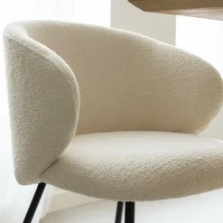 Made in Meubles Chaise avec accoudoirs ronds en tissu bouclette écru clair et pieds en métal Cléa (lot de 2)
