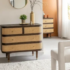 Made in Meubles Commode 4 tiroirs en bois de manguier et cannage Soren