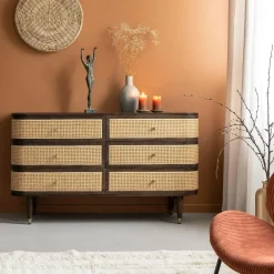 Made in Meubles Commode 6 tiroirs en bois de manguier et cannage Soren