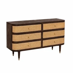 Made in Meubles Commode 6 tiroirs en bois de manguier et cannage Soren