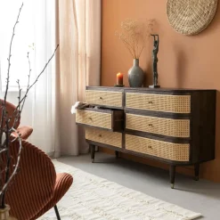 Made in Meubles Commode 6 tiroirs en bois de manguier et cannage Soren