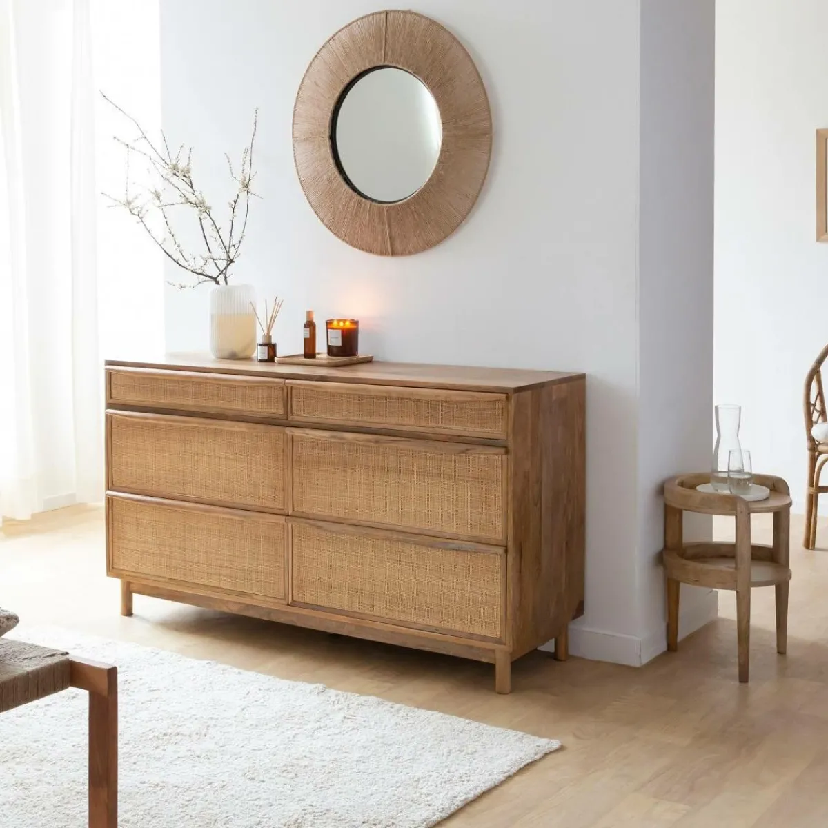 Made in Meubles Commode en bois de manguier et cannage Rim