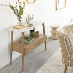 Made in Meubles Console en bois de manguier et marbre Hari