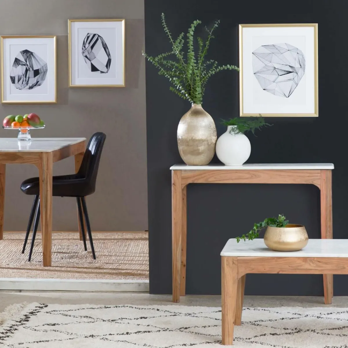 Made in Meubles Console en bois de manguier et marbre Arthuro