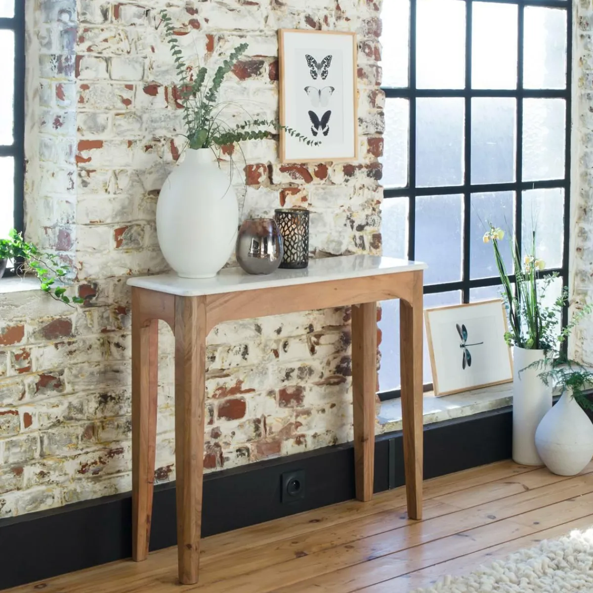 Made in Meubles Console en bois de manguier et marbre Arthuro