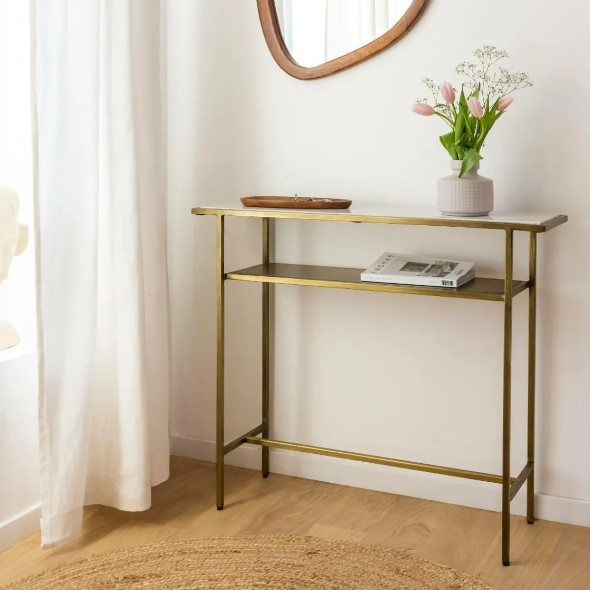 Made in Meubles Console en métal doré et marbre Timéo