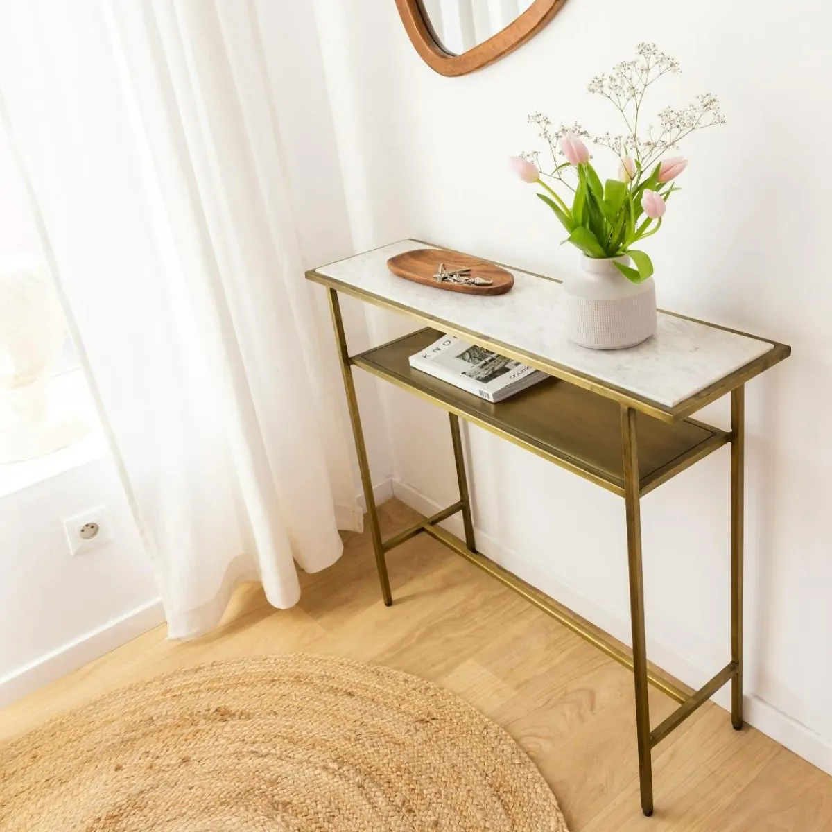 Made in Meubles Console en métal doré et marbre Timéo
