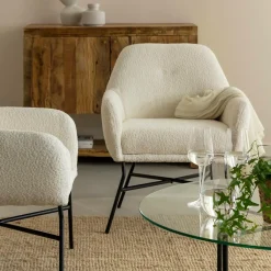Made in Meubles Fauteuil blanc en tissu bouclette Amandine