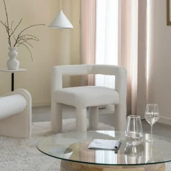 Made in Meubles Fauteuil d'angle en tissu bouclette blanc Nora