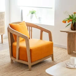 Made in Meubles Fauteuil en bois de manguier et velours Térence