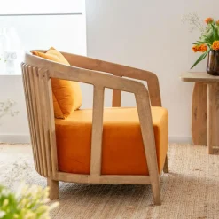 Made in Meubles Fauteuil en bois de manguier et velours Térence