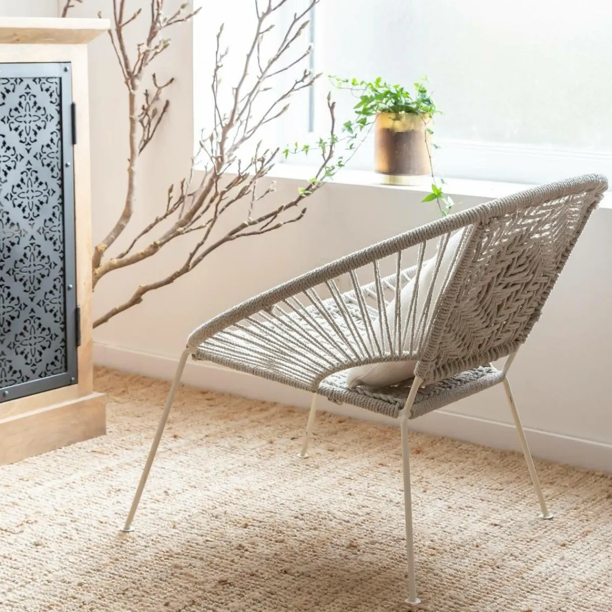 Made in Meubles Fauteuil en corde de coton blanc Bélize