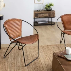 Made in Meubles Fauteuil en cuir marron et métal Jaya