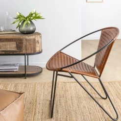 Made in Meubles Fauteuil en cuir marron et métal Jaya
