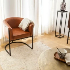 Made in Meubles Fauteuil en cuir marron et métal Sacha