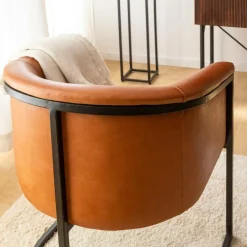 Made in Meubles Fauteuil en cuir marron et métal Sacha