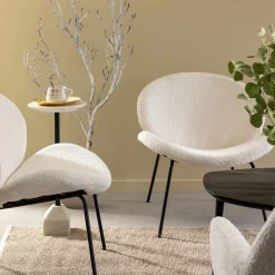 Made in Meubles Fauteuil en tissu bouclette blanc Dorian